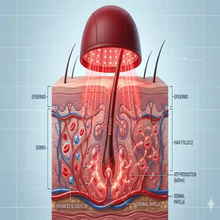 Clinical Mechanism of Red Light Therapy for Hair Growth A 3D medical illustration showing the science of Red Light Therapy for Hair Growth on hair follicles.
