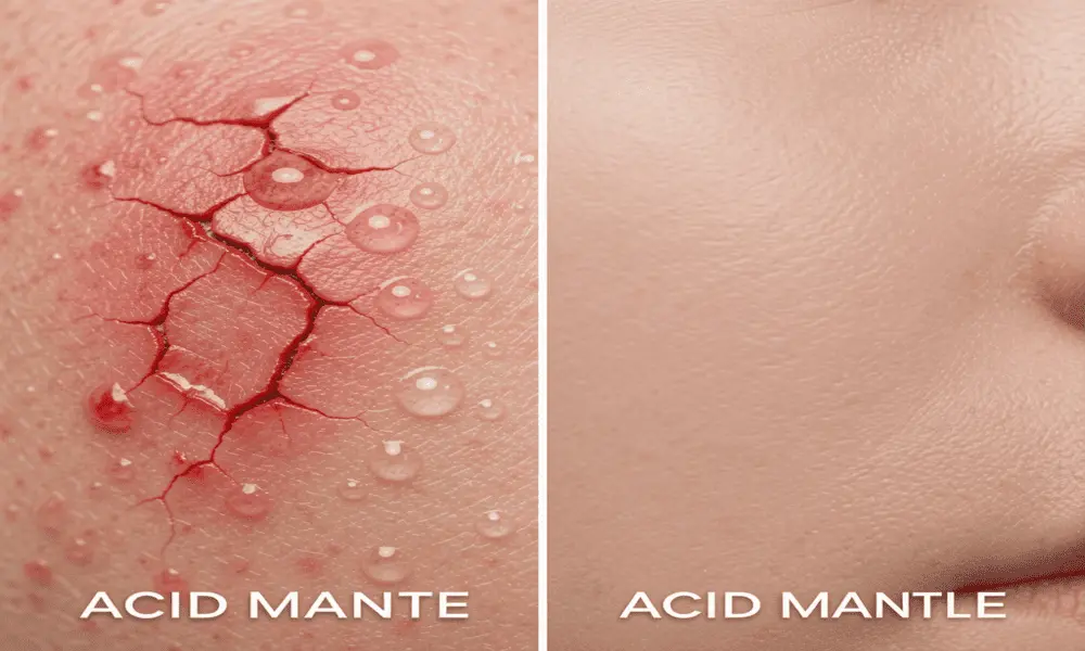 Close up of a skin barrier showing the difference between stripped, oily skin and healthy, hydrated skin.