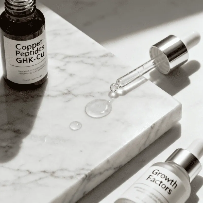 A comparison chart of Copper Peptides and Growth Factors for those learning how to treat tech neck wrinkles at home.