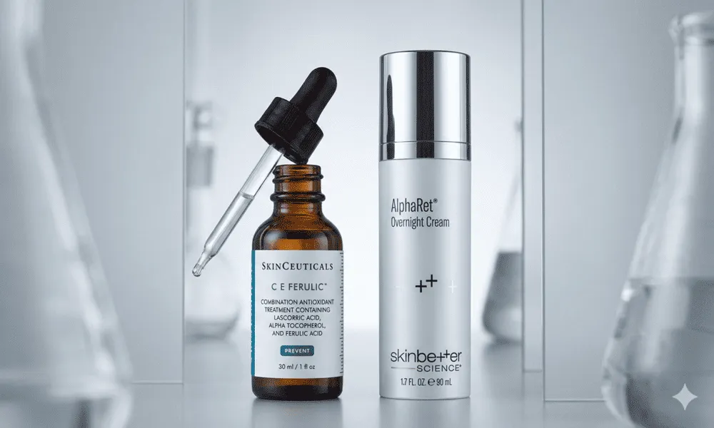 Close-up of SkinCeuticals C E Ferulic and SkinBetter AlphaRet Overnight Cream.