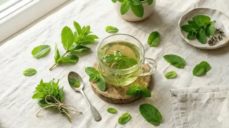 A steaming cup of organic spearmint tea surrounded by fresh mint leaves, symbolizing Spearmint Tea for Hormonal Acne treatment.