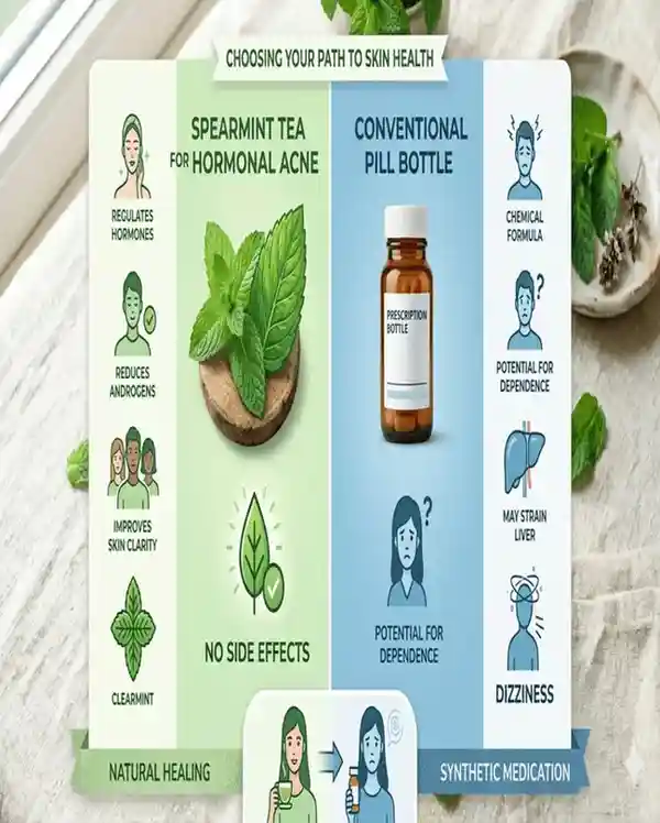 Infographic comparing Spearmint Tea for Hormonal Acne with Spironolactone and Topical Retinoids