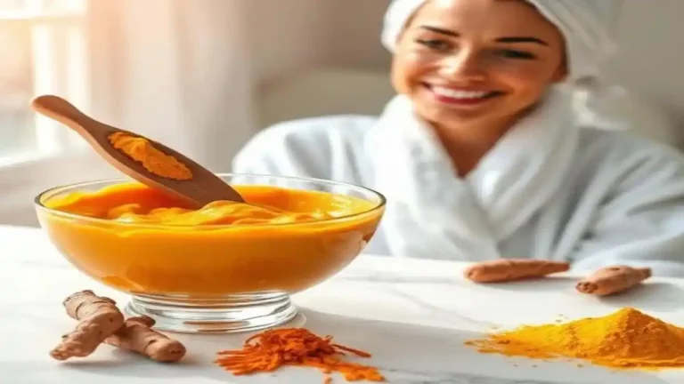A luxurious arrangement of a turmeric clay face mask in a glass bowl with an applicator brush on marble, highlighting turmeric clay face mask benefits for a glowing complexion.