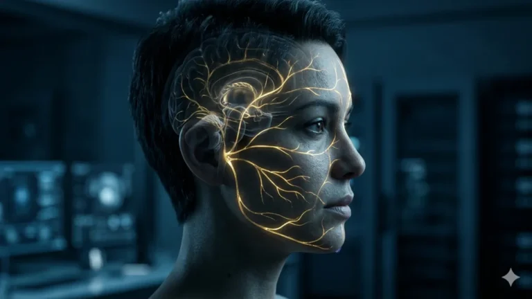 A 3D medical visualization of the brain-skin axis showing how stress hormones create Cortisol Skin symptoms.