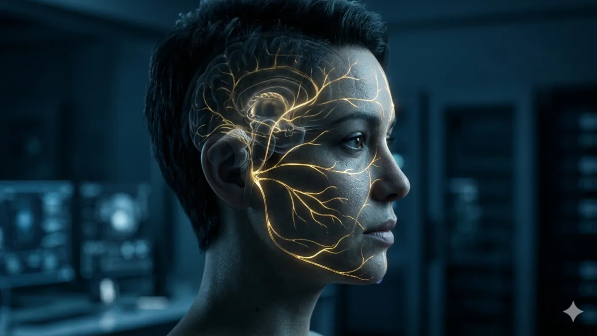 The Biological Origin of Cortisol Skin A 3D medical visualization of the brain-skin axis showing how stress hormones create Cortisol Skin symptoms.