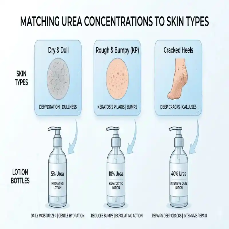 Comparison chart of different urea percentages for extreme hydration in the Ultimate Urea Lotion Guide.