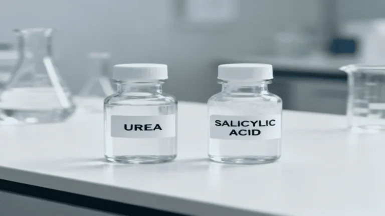 A clinical comparison showing Urea vs Salicylic Acid for Keratosis Pilaris treatment options on a professional laboratory background.