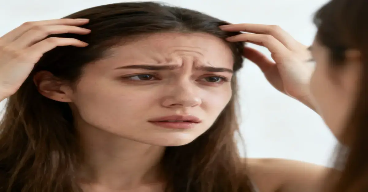 A woman touching her sore scalp while wondering why does my scalp hurt when I move my hair.