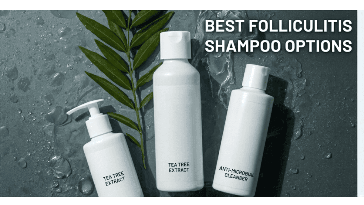 Best Folliculitis Shampoo Options for Scalp Relief Three clinical white folliculitis shampoo bottles on a wet dark grey slate background with green tea tree leaves