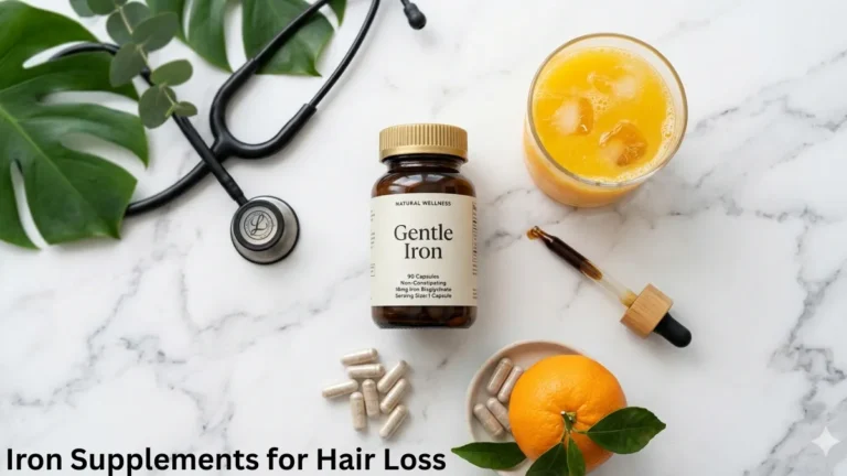 A clean clinical flat lay of top iron supplements for hair loss including gentle iron bisglycinate capsules and liquid iron next to a glass of fresh orange juice on a white surface.