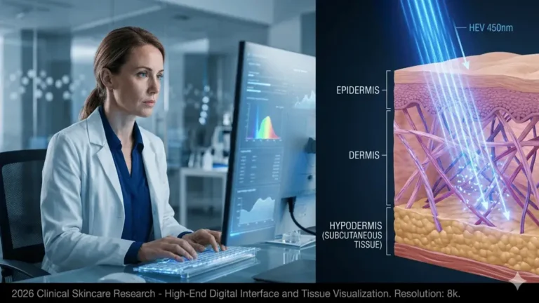 A scientific visualization of HEV light penetrating skin layers, illustrating Blue Light Skin Damage Clinical Studies in 2026.