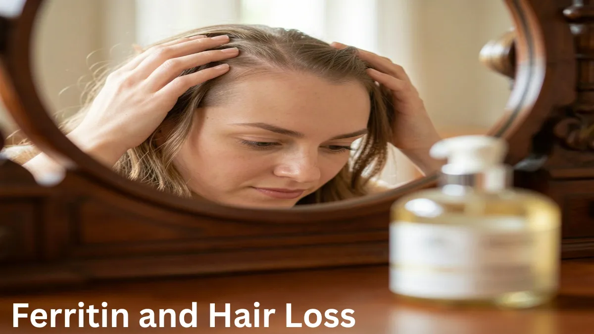 A woman looking at her thinning hair in the mirror, illustrating the connection between low ferritin and hair loss.