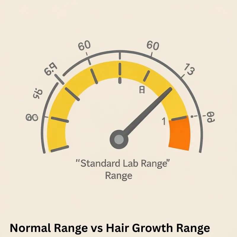 A clean infographic chart showing standard ferritin ranges versus optimal levels for hair loss prevention