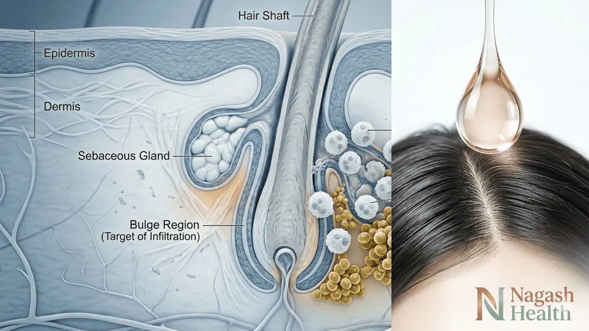 A professional clinical visualization of Folliculitis Decalvans treatment and biological scalp recovery phases.