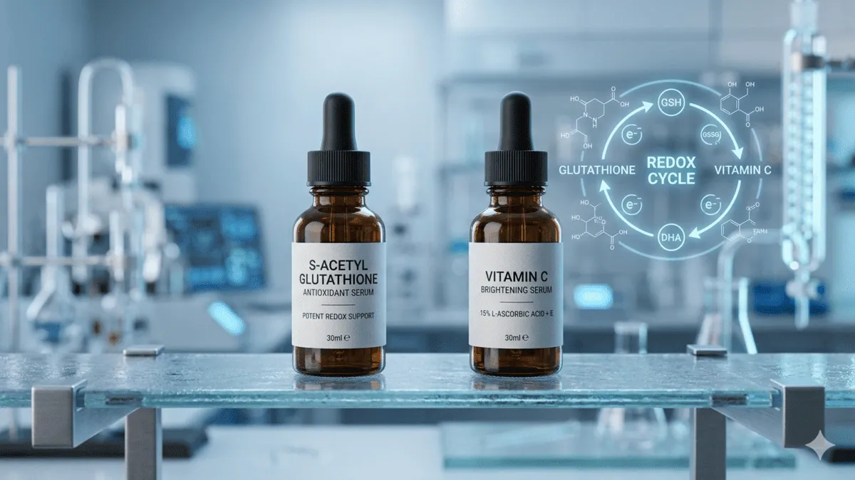 Clinical-grade Glutathione and Vitamin C stacking serum bottles for treating stubborn melasma and hyperpigmentation in 2026.