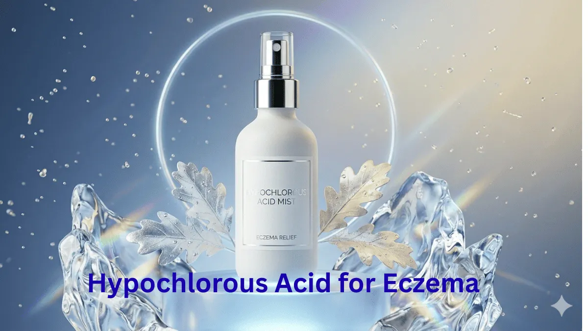 A gentle facial mist spray bottle showing a clean water splash representing hypochlorous acid for eczema relief.