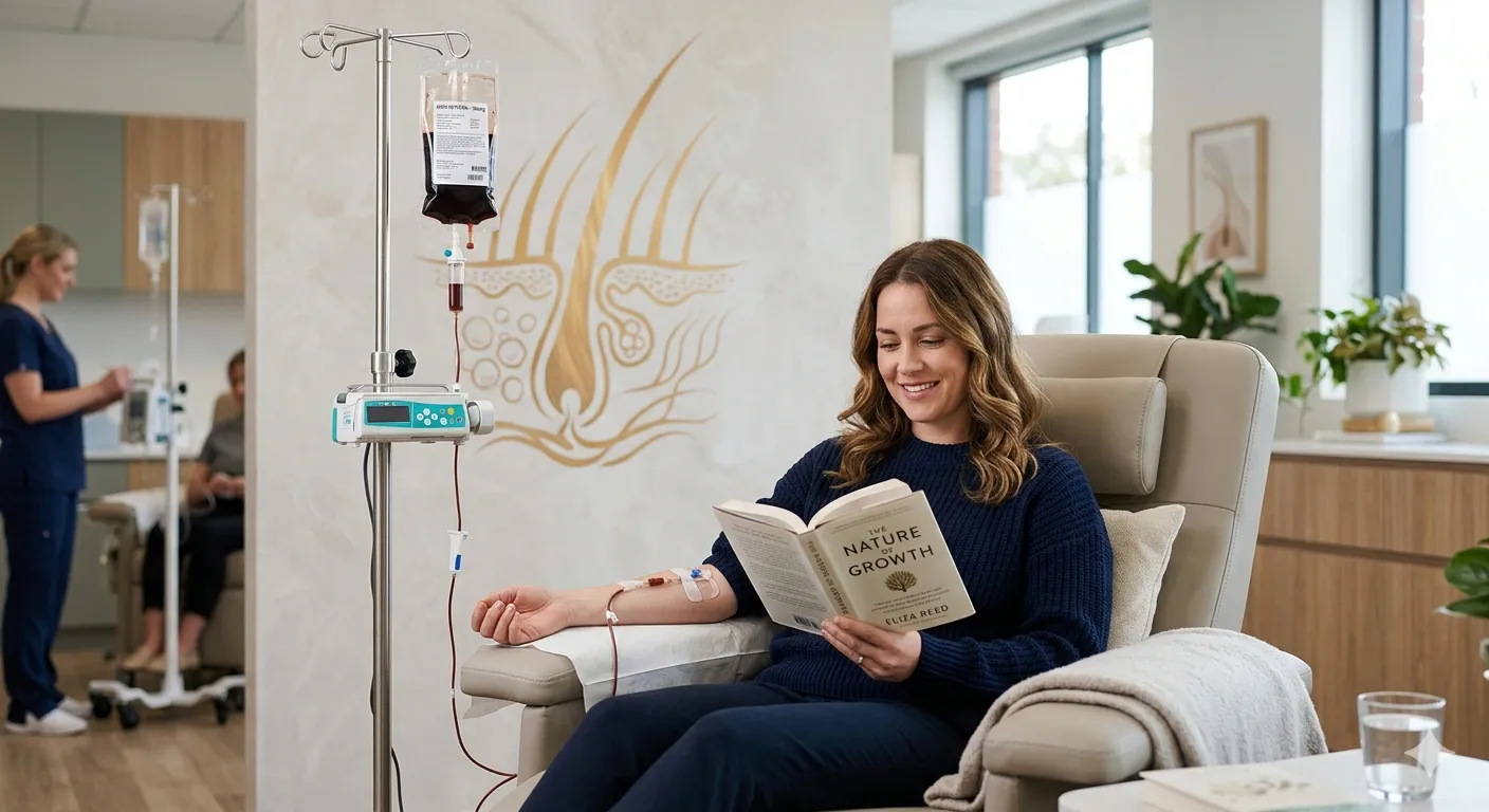 A patient receiving an iron infusion for hair loss treatment in a clinical setting.