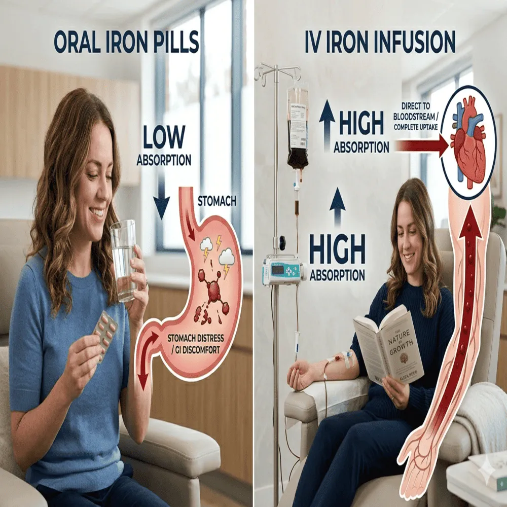 Comparison graphic showing why iron infusion for hair loss is more effective than oral pills.