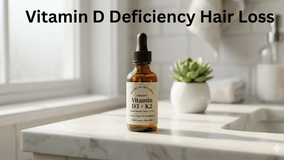 Organic Vitamin D3 K2 liquid drops with MCT oil for treating Vitamin D deficiency hair loss.
