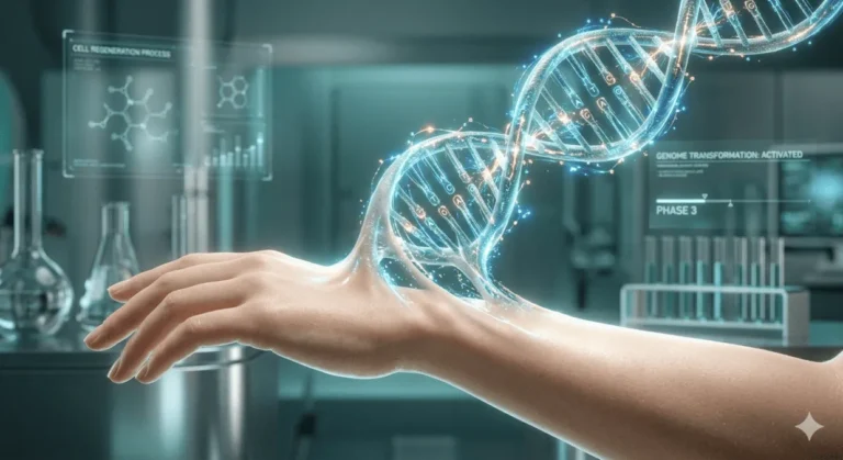 Futuristic DNA helix transforming into healthy skin representing Polynucleotides treatment in 2026.