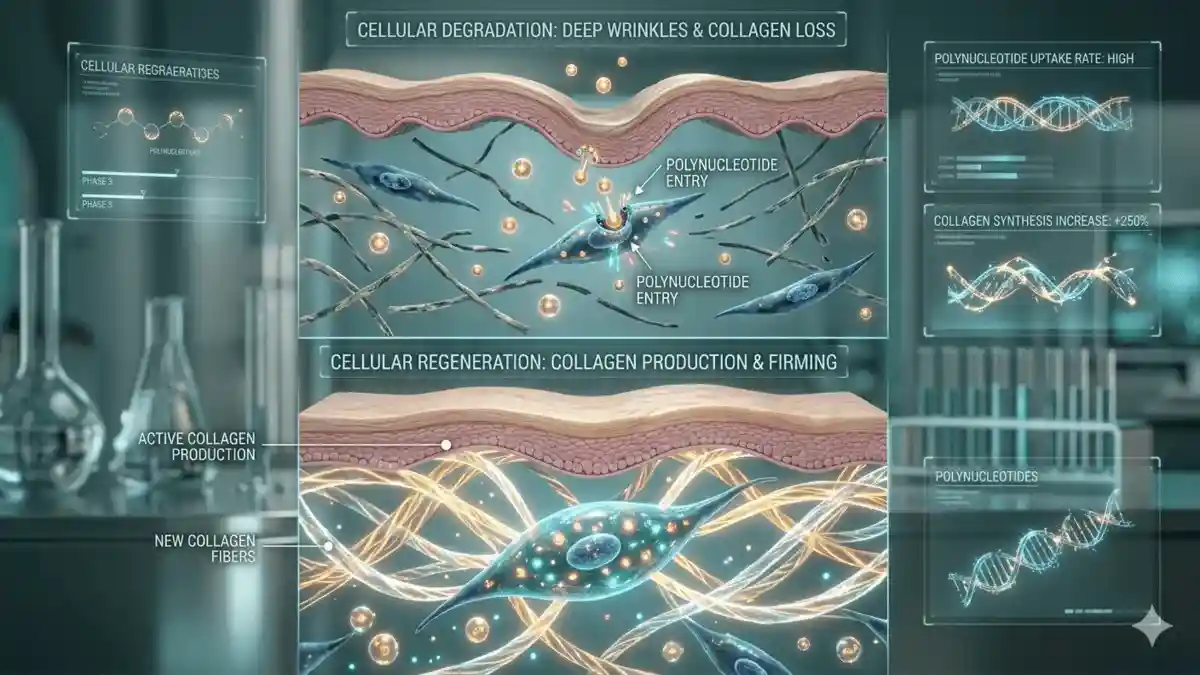 3D medical illustration of Polynucleotides activating fibroblasts to produce collagen and elastin