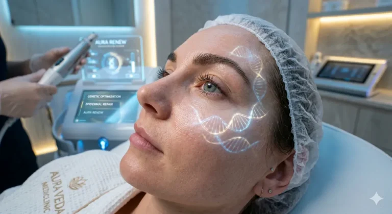 A close-up of the under-eye area with a digital overlay of DNA strands representing Polynucleotides for Under-Eyes treatment.