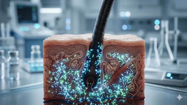 A 3D clinical visualization of the scalp microbiome and hair growth ecosystem.