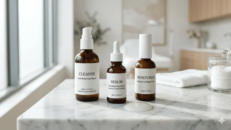 A minimalist 3-step skincare routine featuring a cleanser, multitasking serum, and SPF moisturizer on a marble surface, representing the Skin Streaming trend