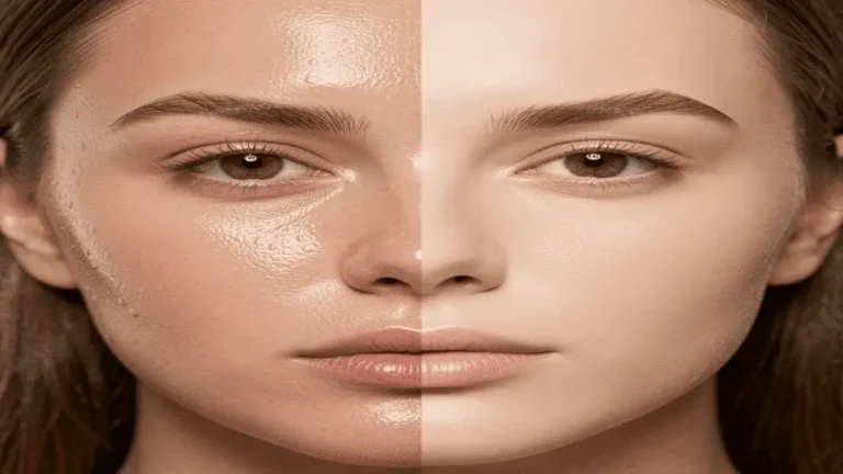 Skin Tint vs. Foundation comparison showing dewy natural finish vs full coverage matte makeup on face
