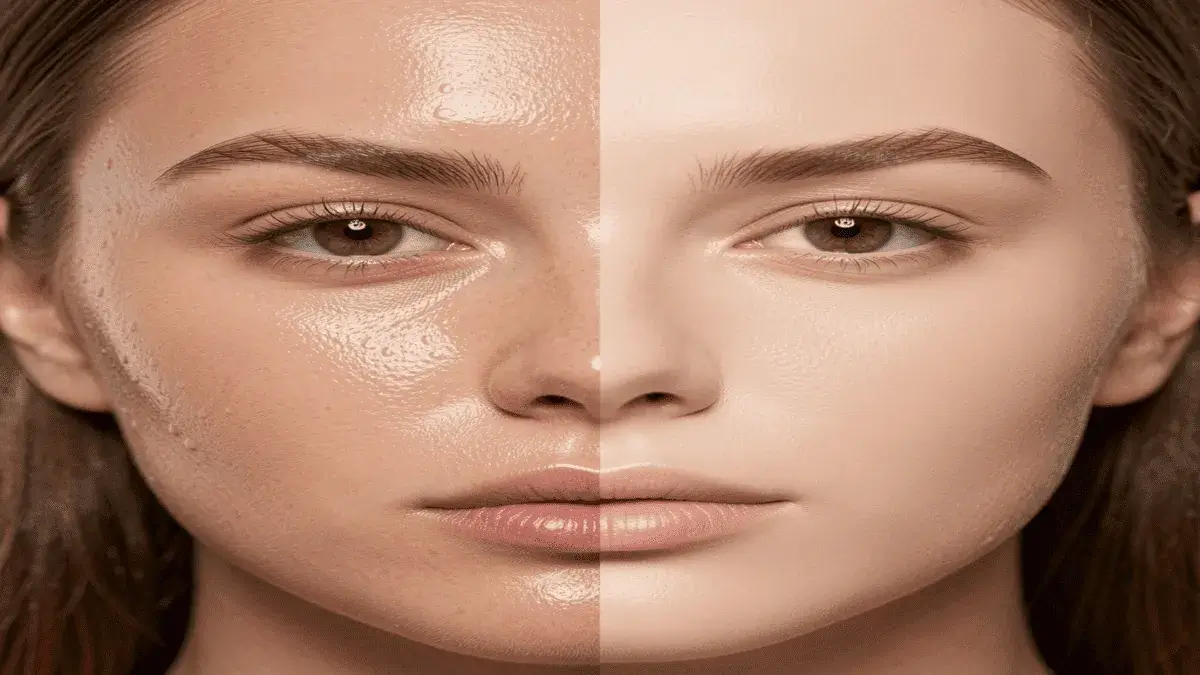 Skin Tint vs. Foundation comparison showing dewy natural finish vs full coverage matte makeup on face